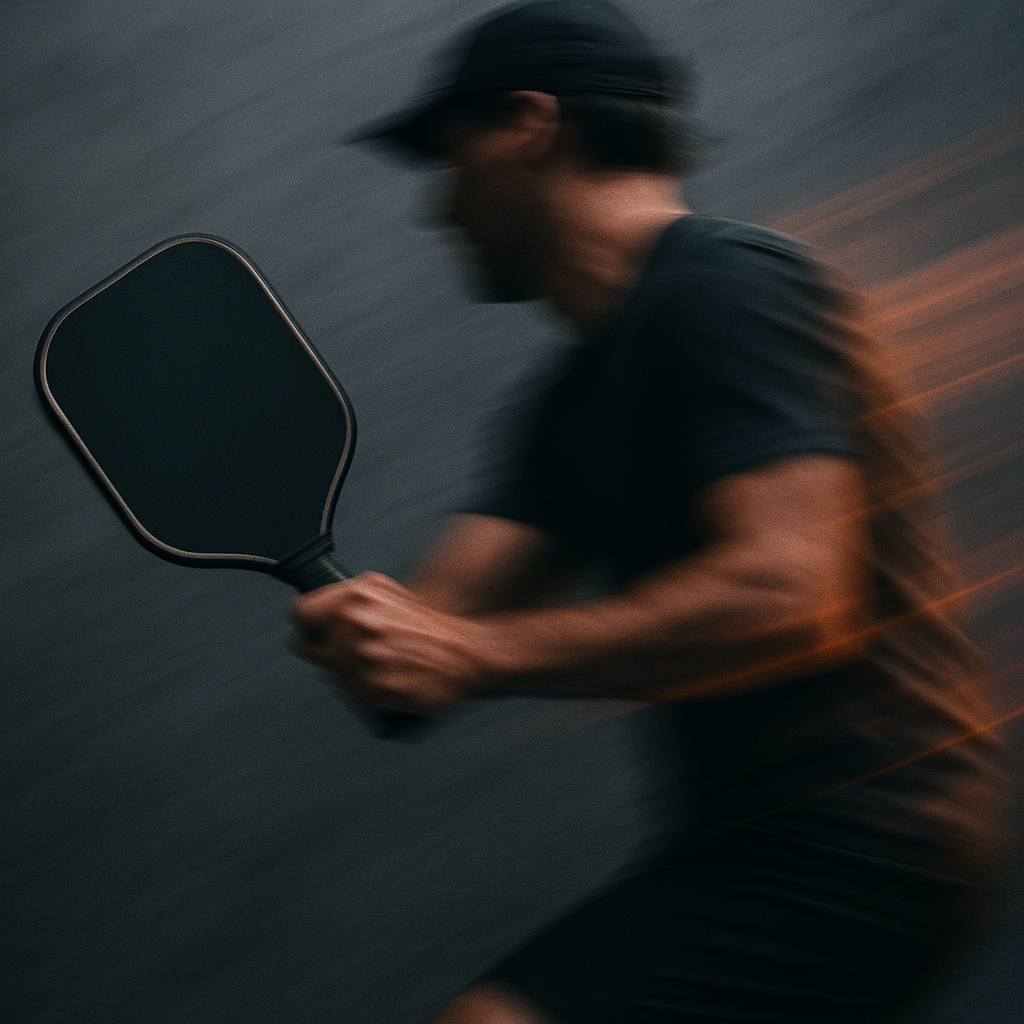 Joueur de pickleball en pleine action, réalisant une volée basse parfaite près de la ligne de non-volée (kitchen).